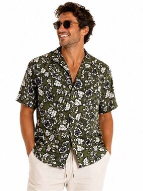 Sunset Highway Size Large 100% Cotton Green Floral Short Sleeve Hawaiian…